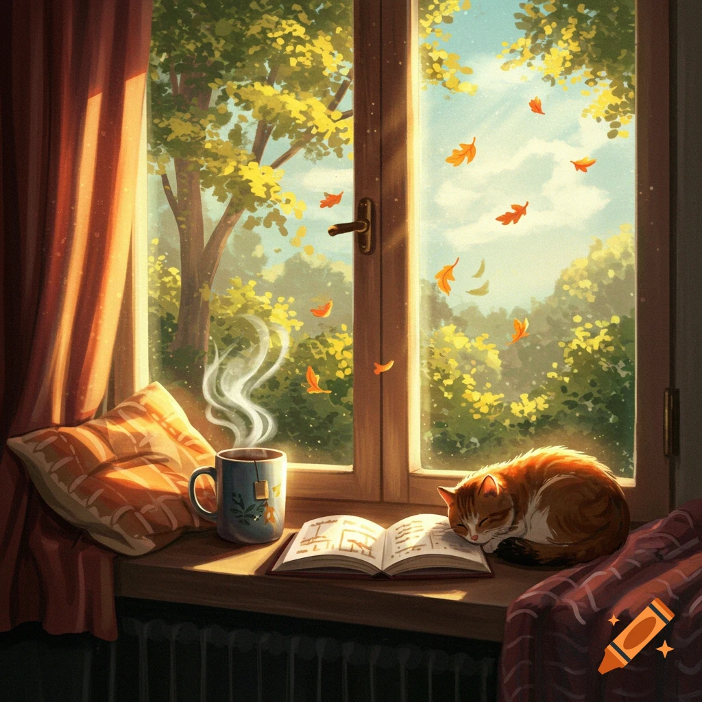 A cat is sleeping on a book next to a steaming mug on a windowsill, with autumn leaves visible outside.