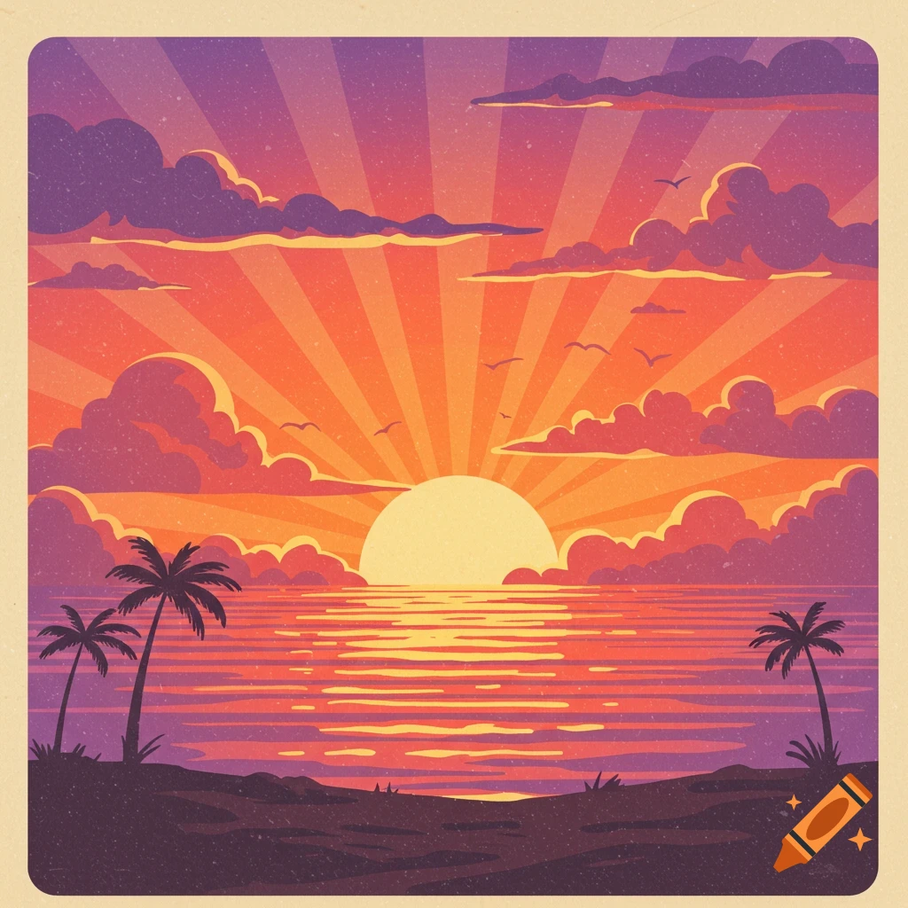Retro style drawing of a sunset over the ocean with palm trees on a beach