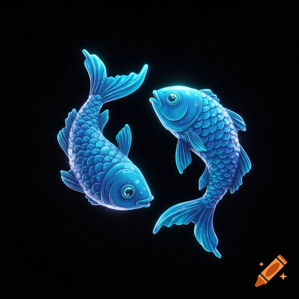Two stylized glowing blue fish on a black background.