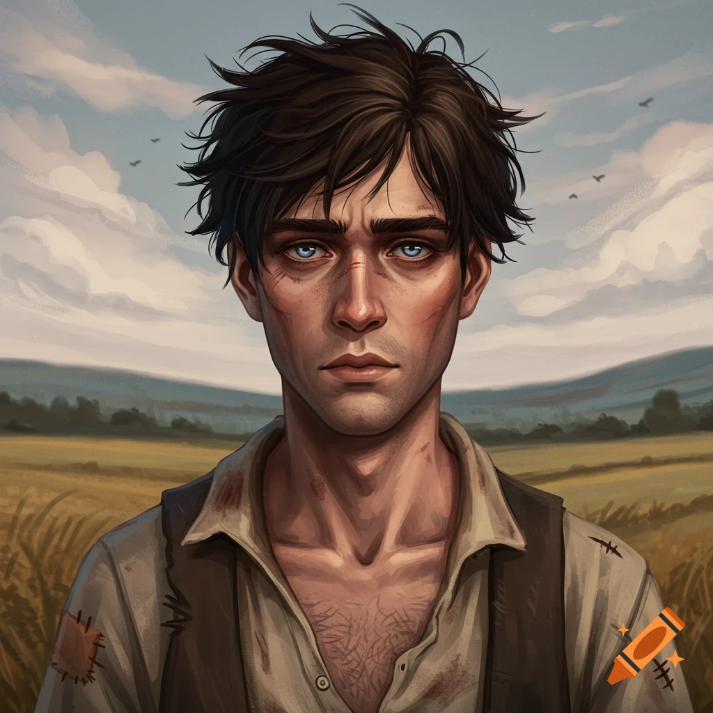 A scruffy young man with blue eyes standing in a field.