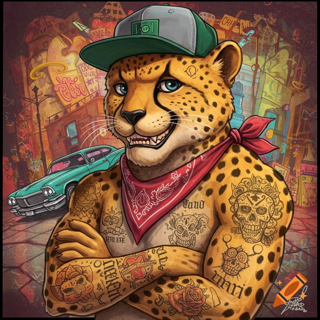 A cheetah wearing a cap, bandanna, and tattoos stands in an urban street.