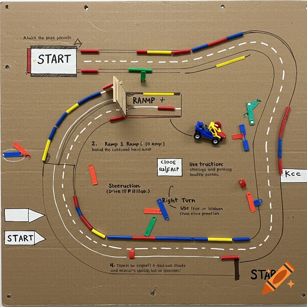 A homemade race track on a cardboard sheet with plastic track pieces, obstacles, and a toy car.
