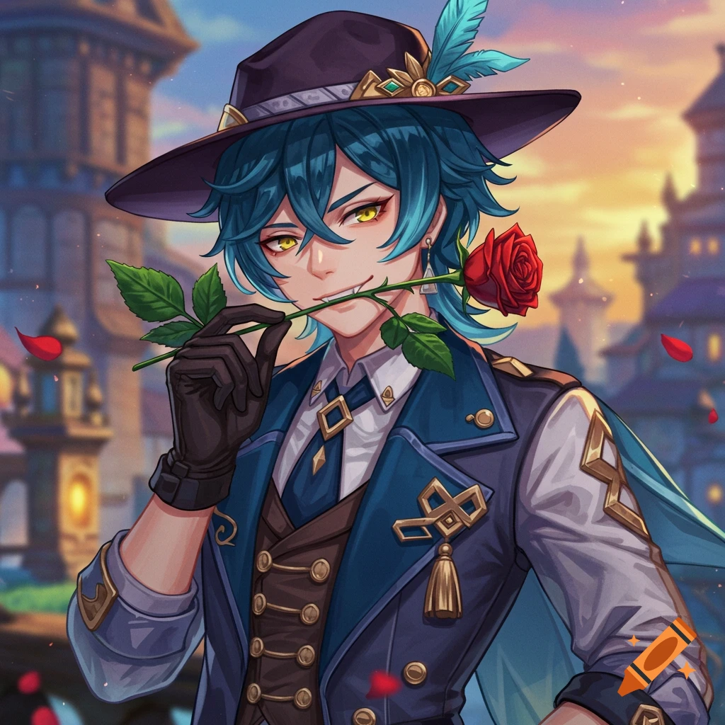 Anime character in a dark suit and hat holding a red rose in his mouth against a city background at sunset.