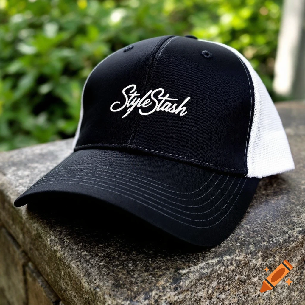 A black baseball cap with a white StyleStash logo sits on a stone wall.