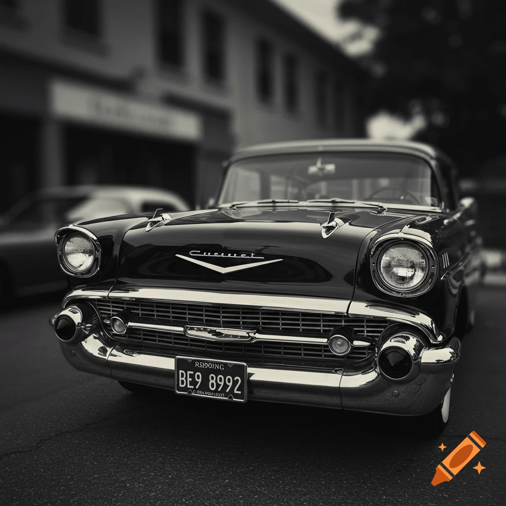 Close-up black and white photo of a 1957 Chevrolet car on a street.