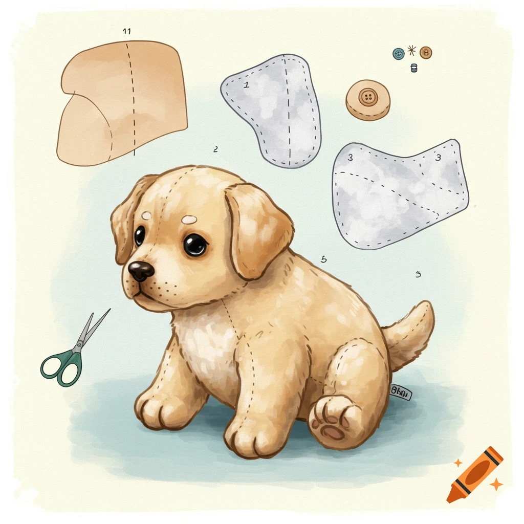 A plush puppy is next to sewing pattern pieces, buttons, and scissors.