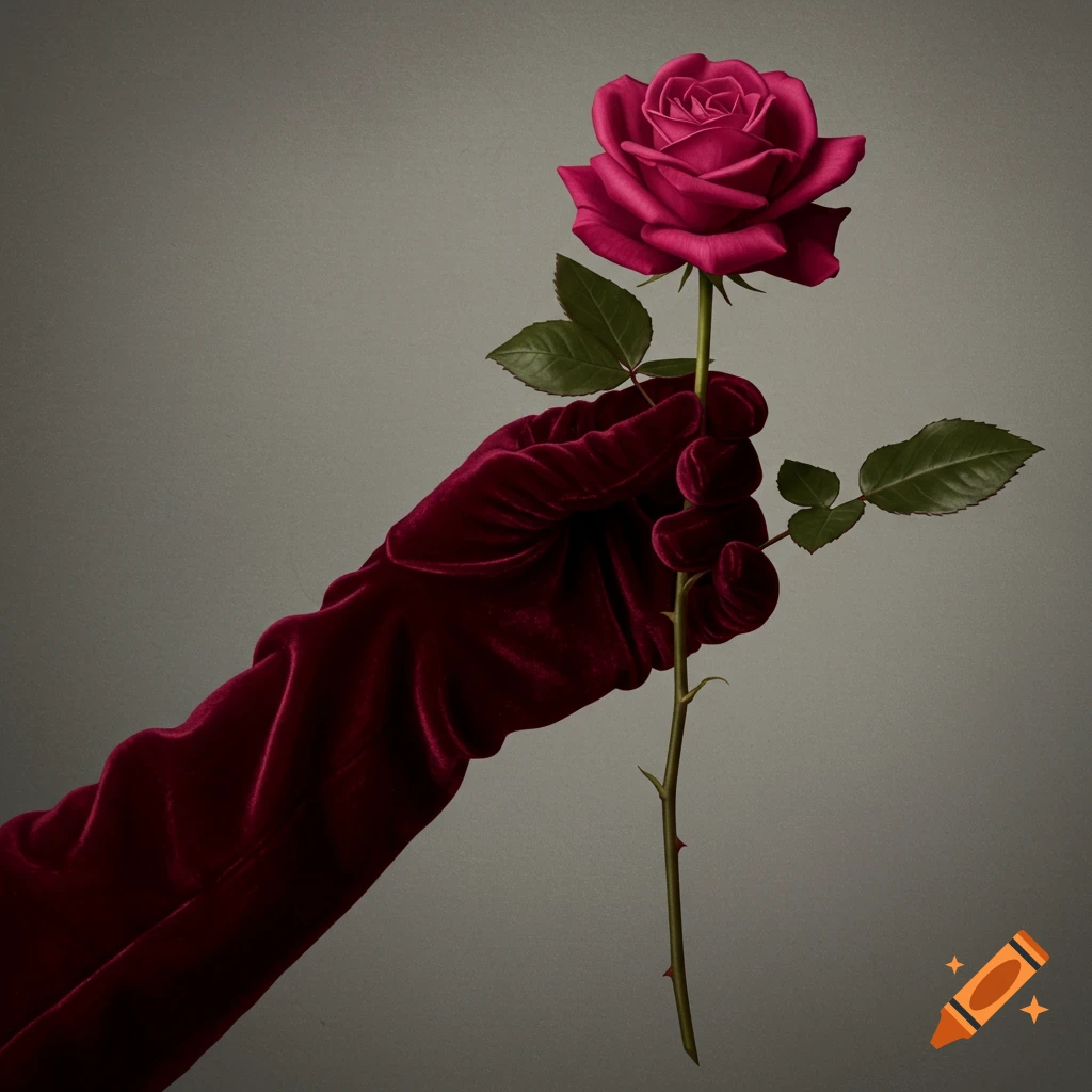 Hand in red velvet glove holding a pink rose.