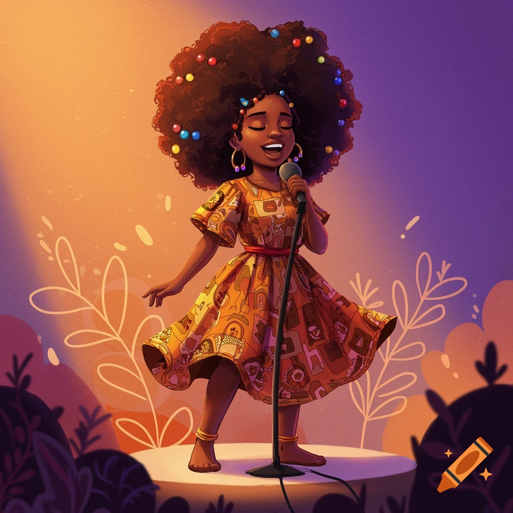 A young Black girl sings on stage, wearing a patterned dress, in a colorful illustrative style.