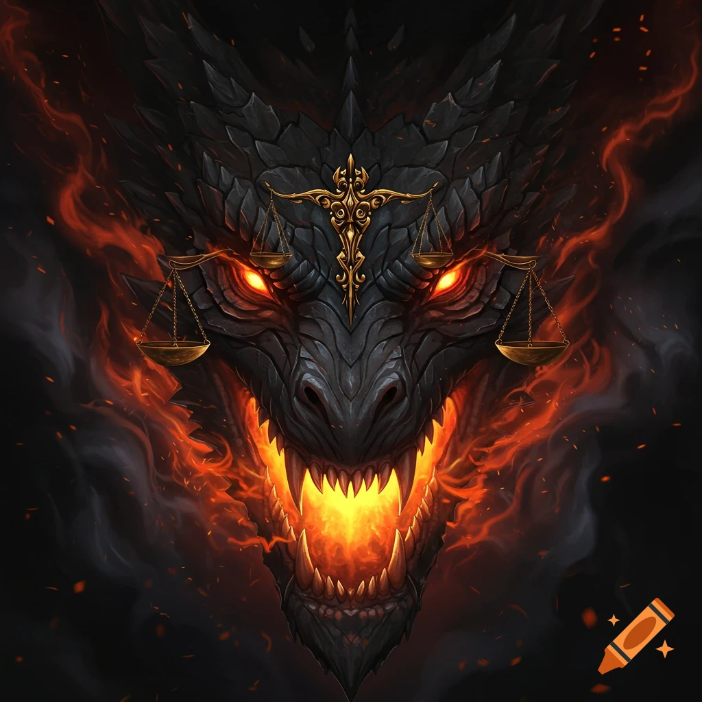 Close-up of a dark dragon's face with fiery breath and scales hanging near its eyes.