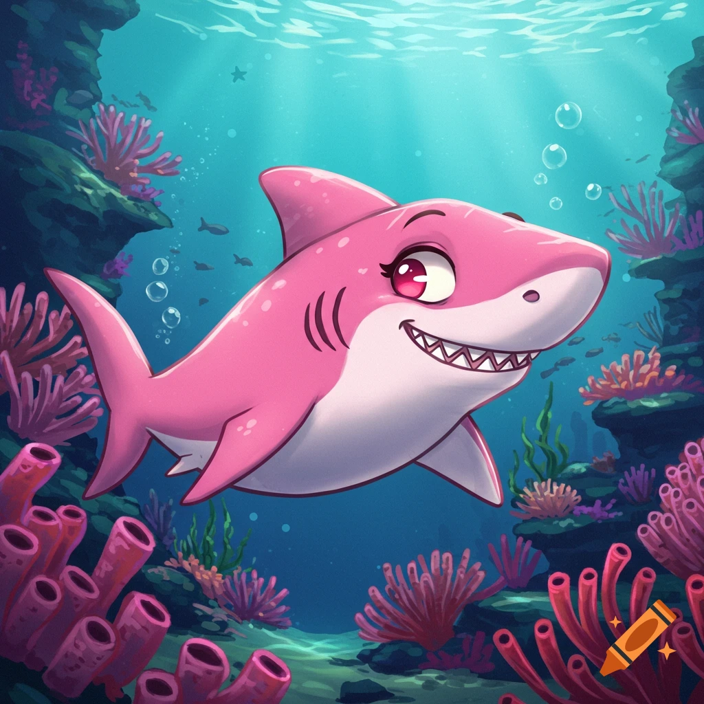 A pink cartoon shark swims through a vibrant coral reef.
