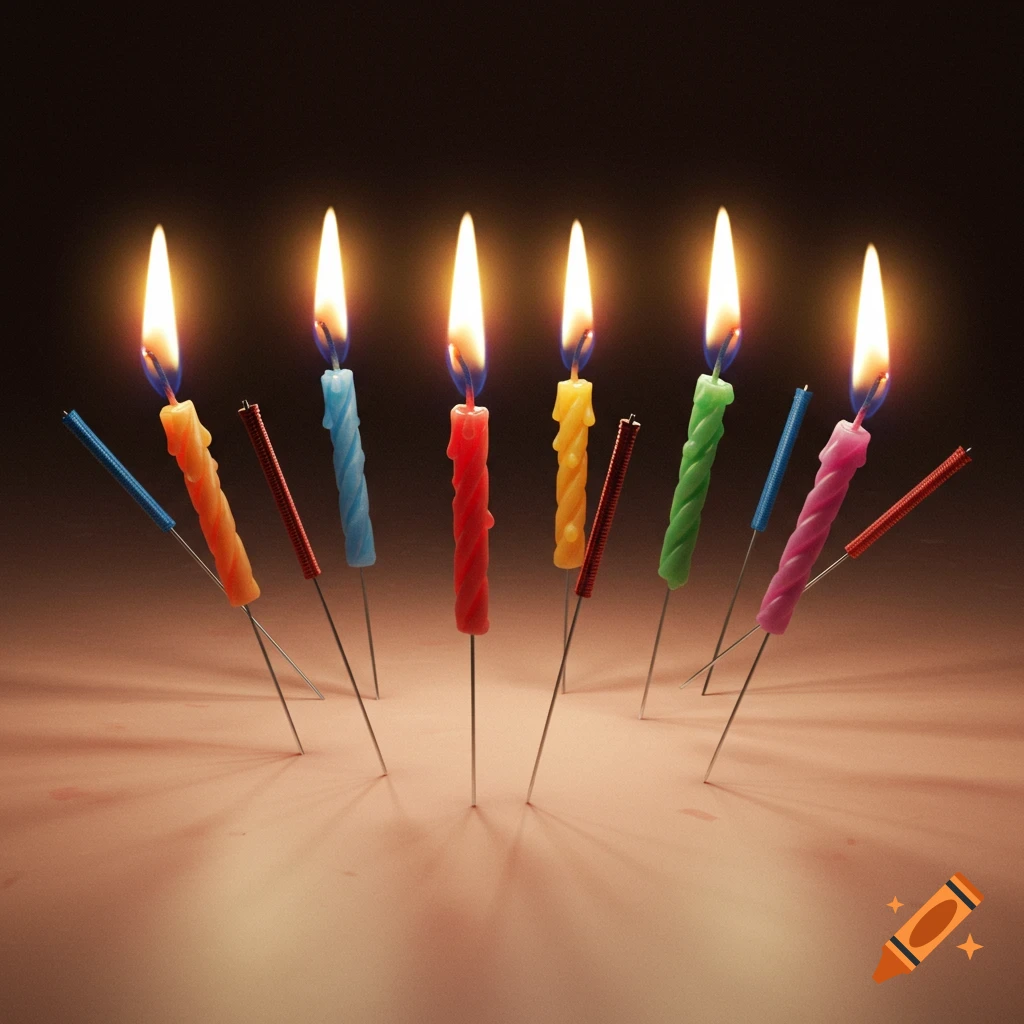 Lit colorful birthday candles on metal needles