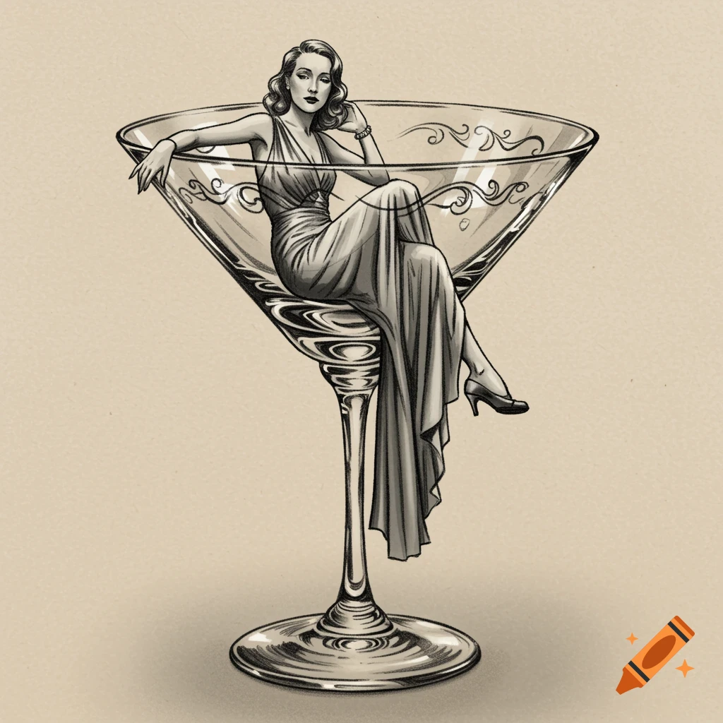 Grayscale drawing of a woman in a glamorous dress sitting inside a large martini glass in a vintage style.
