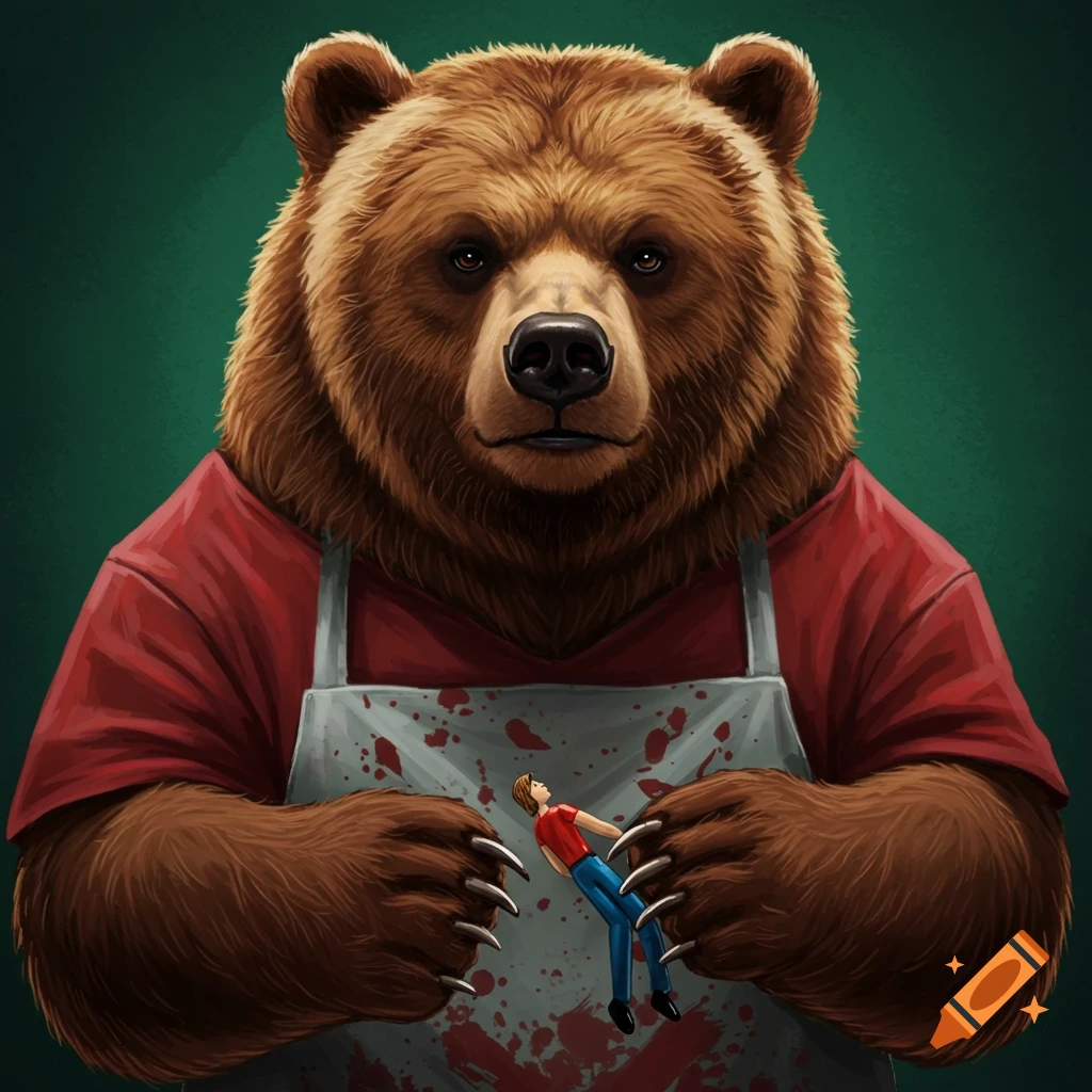 Illustration of a large bear wearing a bloody apron and holding a tiny human.