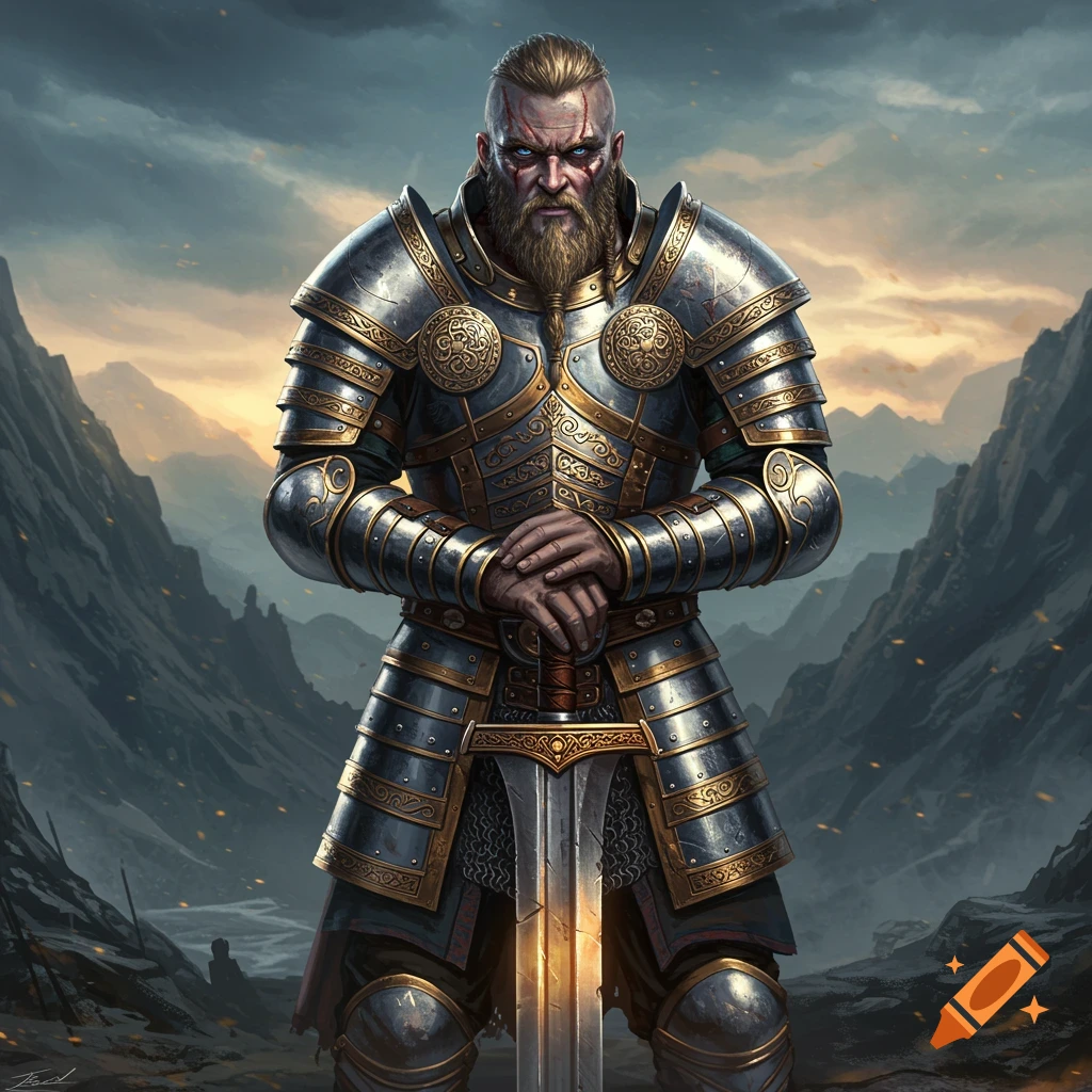 A Viking warrior in detailed armor holding a greatsword in a mountain landscape.