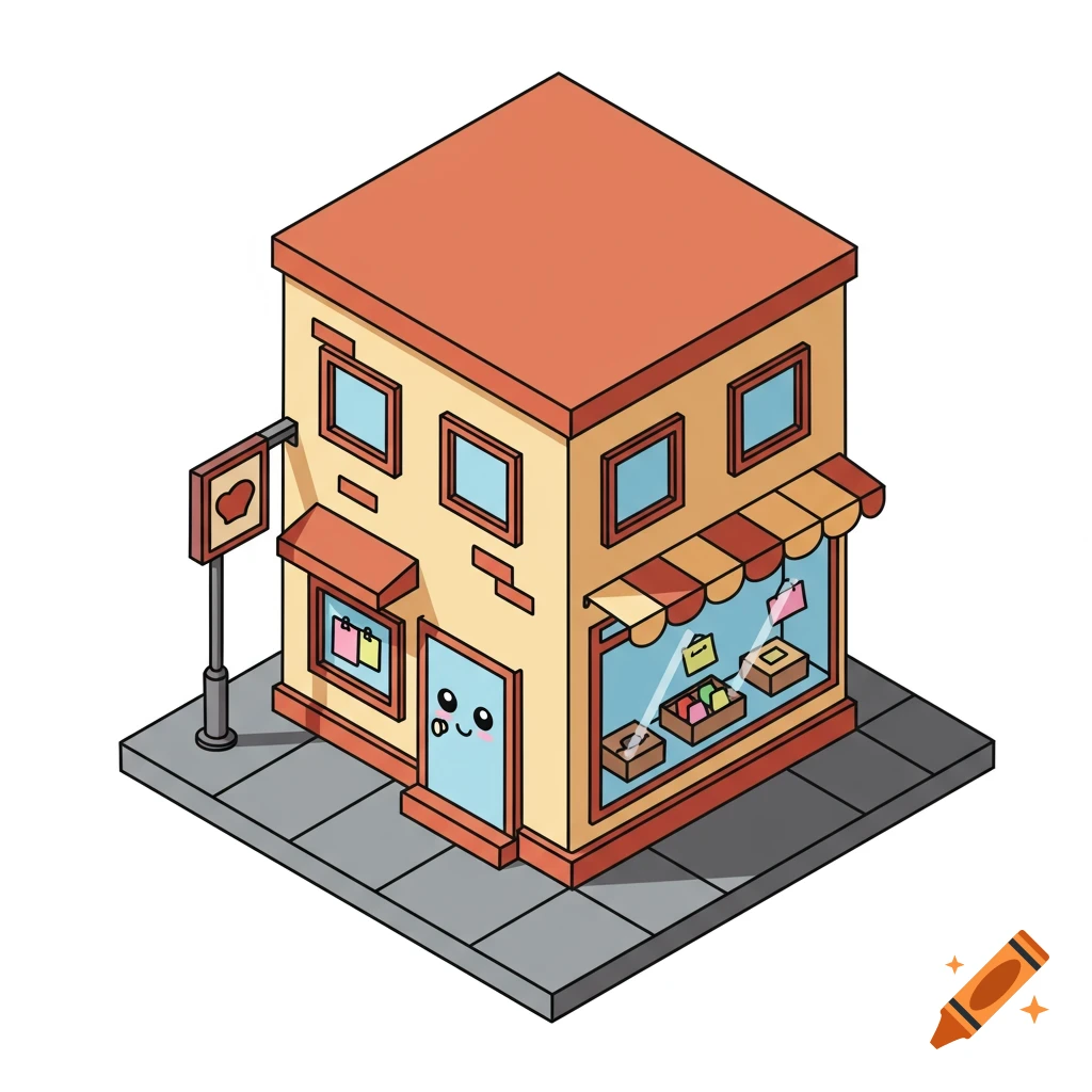 Isometric cartoon illustration of a small shop with a smiling face on the door.