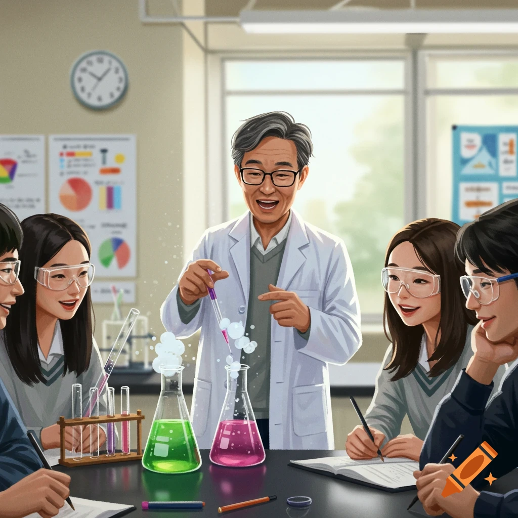 A science teacher showing students a science experiment in a lab.