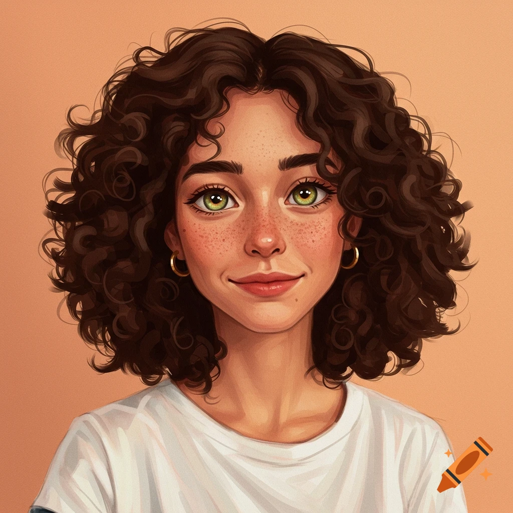 Portrait of a young woman with curly hair and freckles