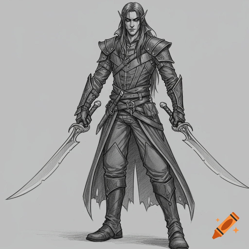 Pencil sketch of a male elf holding two scimitars.