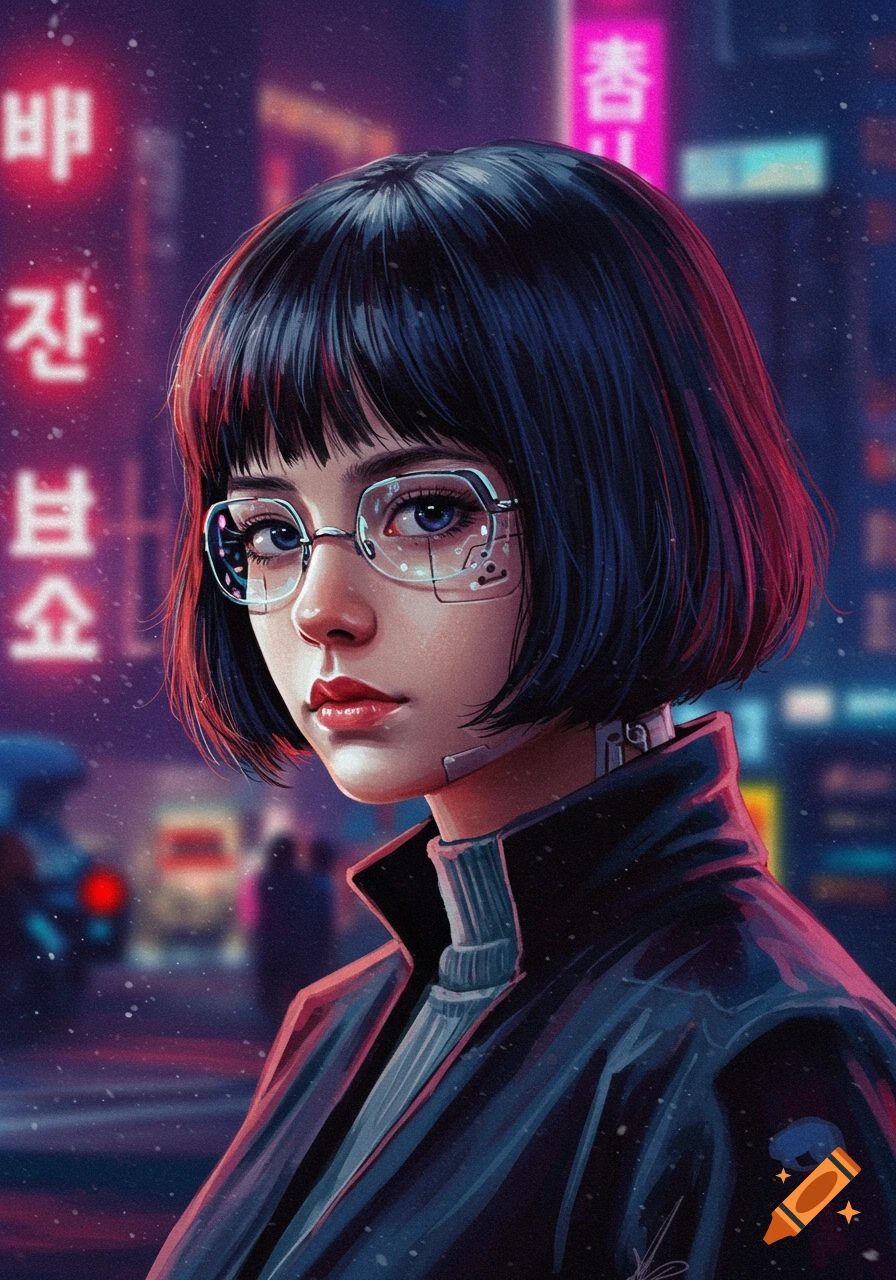 A portrait of a cyberpunk girl with short dark hair and futuristic glasses, set against the backdrop of a neon-lit city.