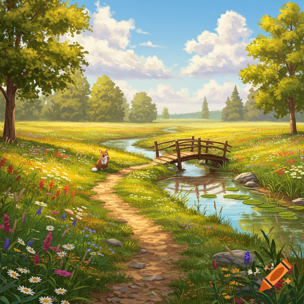 A fox walks along a path next to a stream with a small bridge in a sunlit meadow.