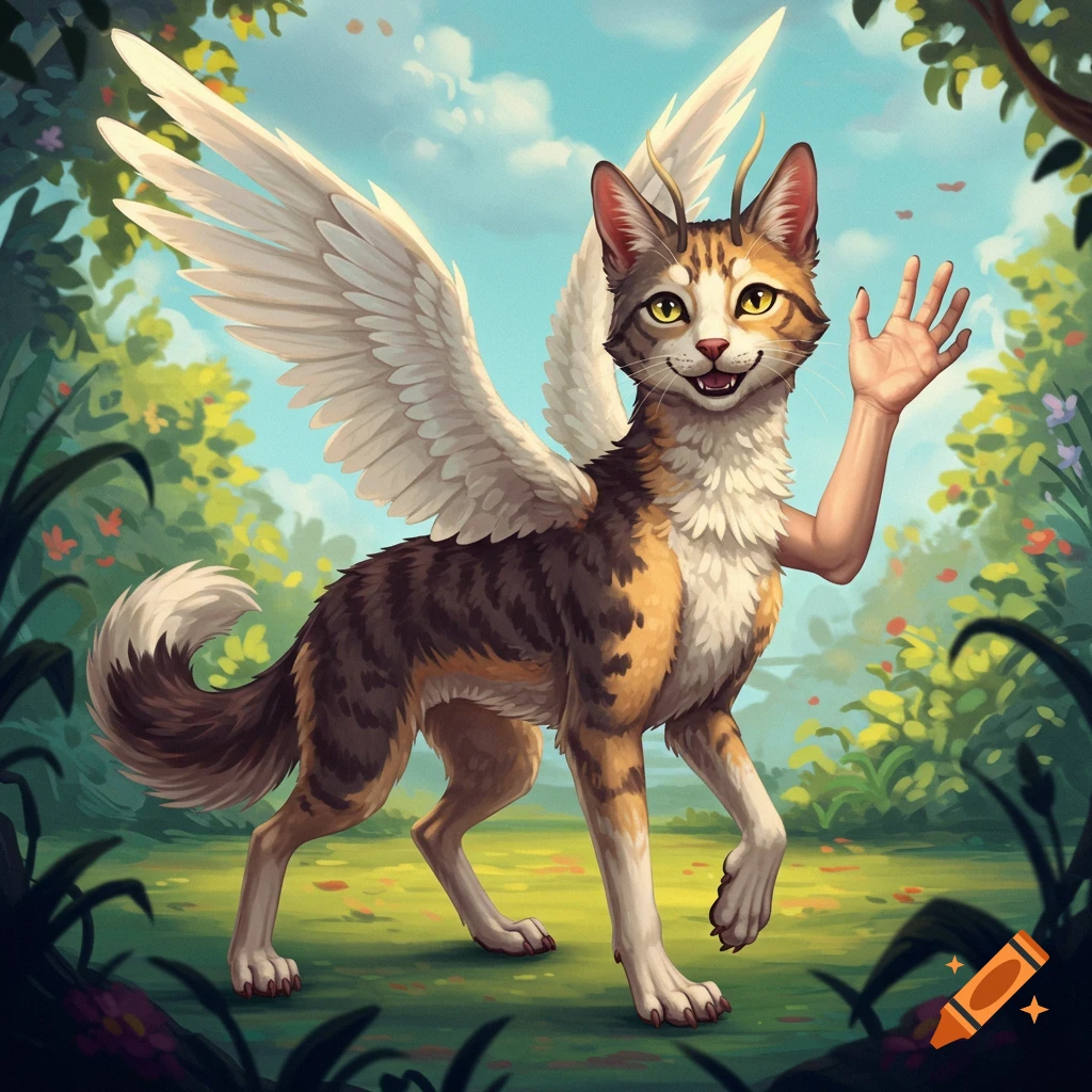 A fantasy creature with cat head, dog body, wings, and a human arm waving in a lush green landscape.