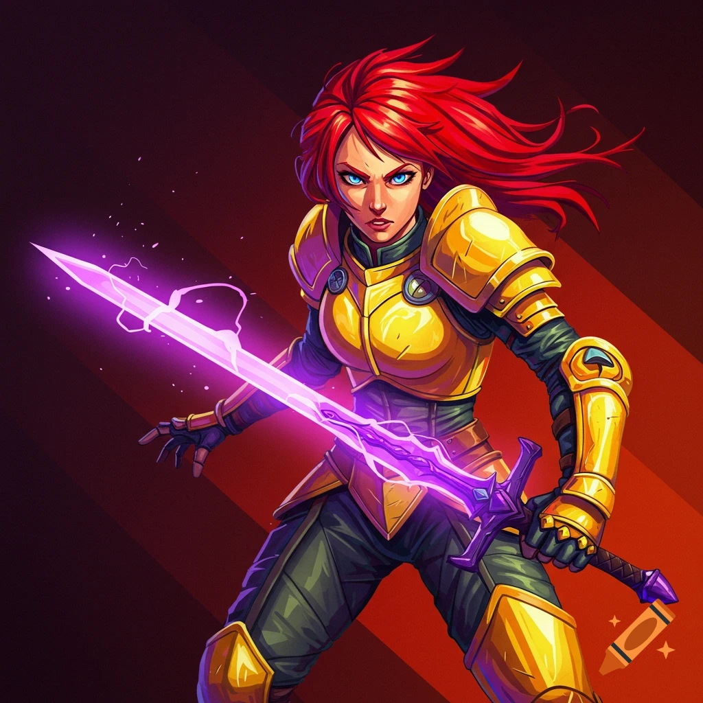 A red-haired woman in gold armor holding a glowing purple sword