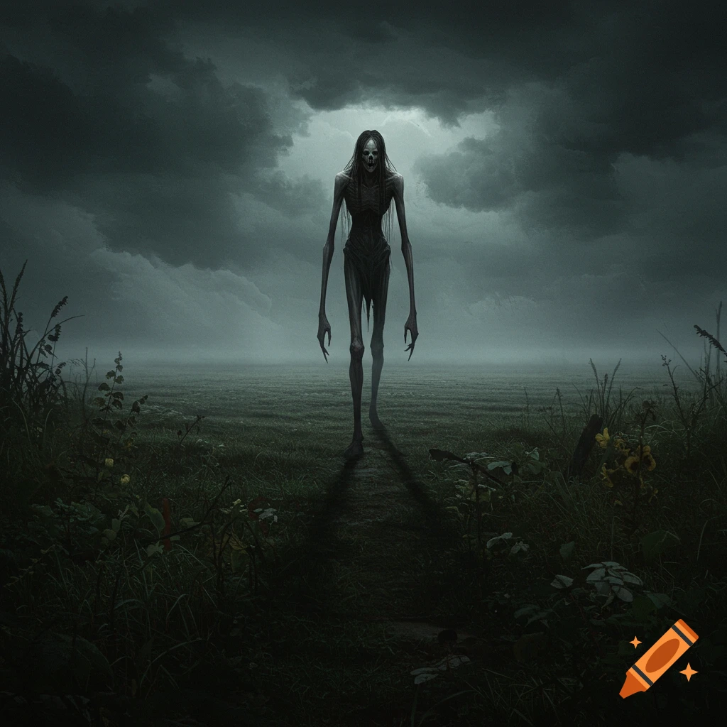 A tall, thin, skeletal figure is walking through a dark field under stormy clouds.