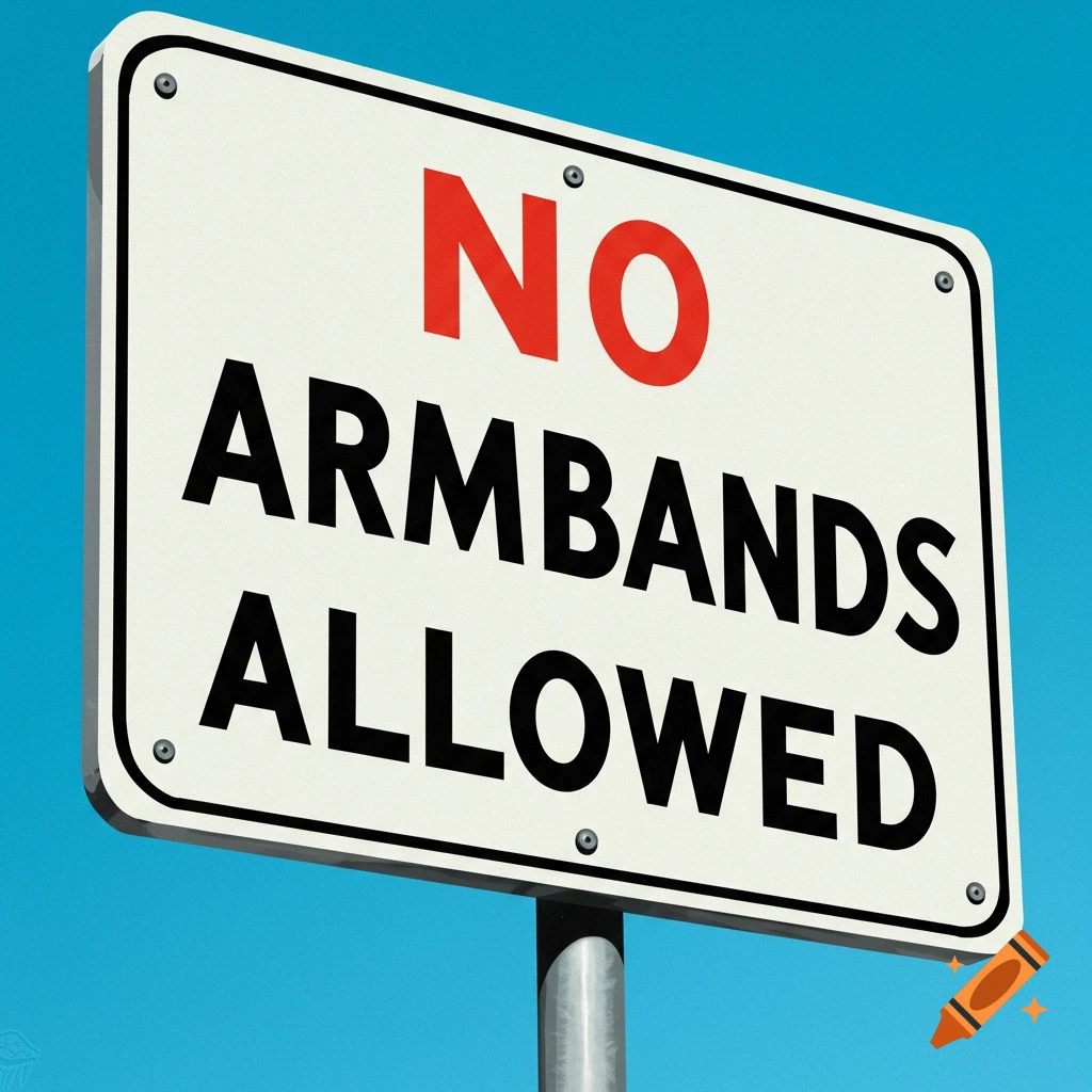 A large white sign with a black border against a blue sky reads "NO" in red text and "ARMBANDS ALLOWED" in black text.