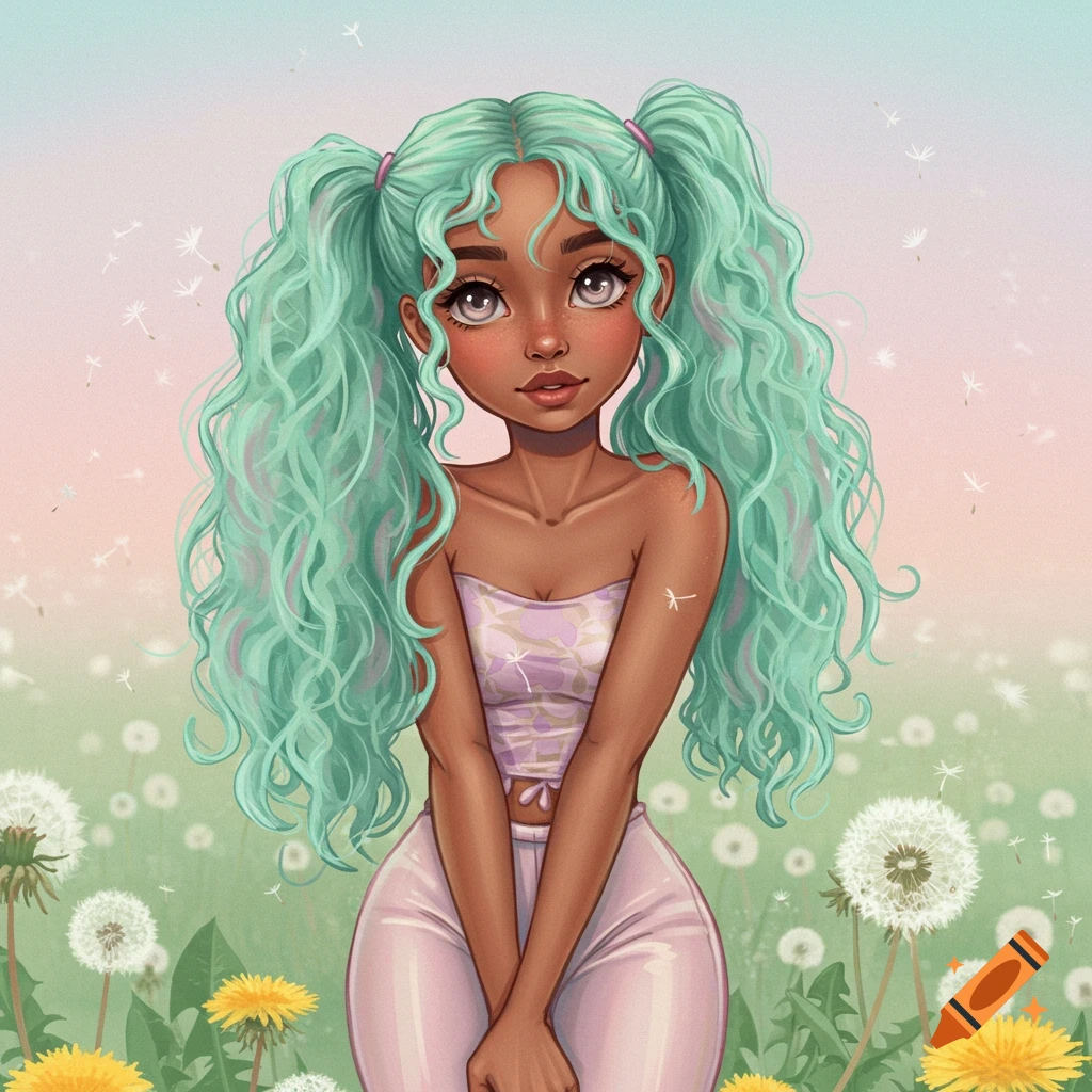 A young woman with long pastel green curly pigtails in a field of dandelions.