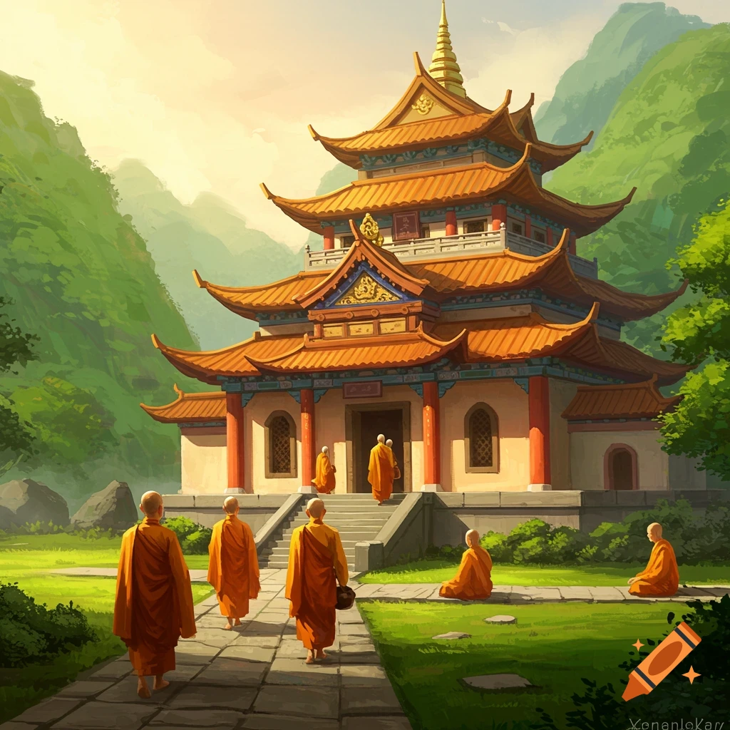 Buddhist monks are at a temple in a mountain landscape.