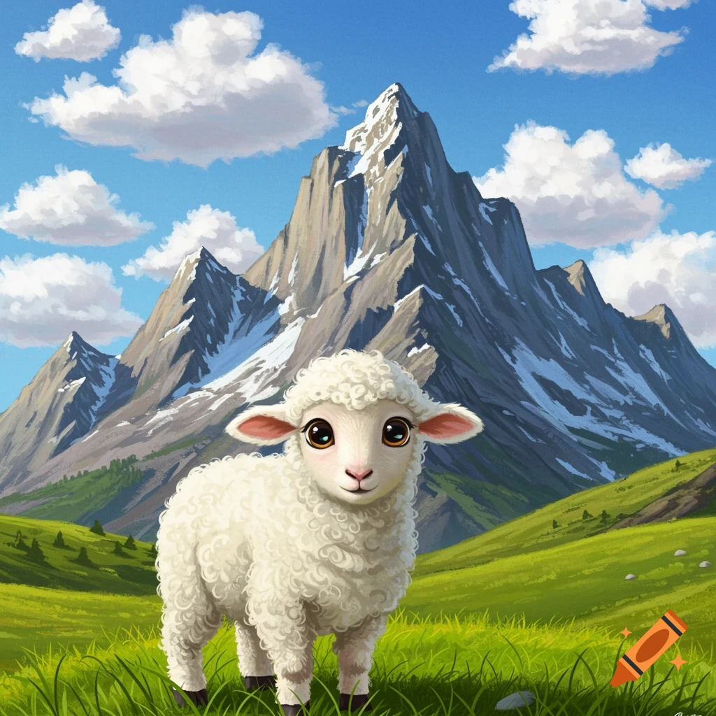 Whimsical image of a fluffy baby sheep in a mountain meadow.