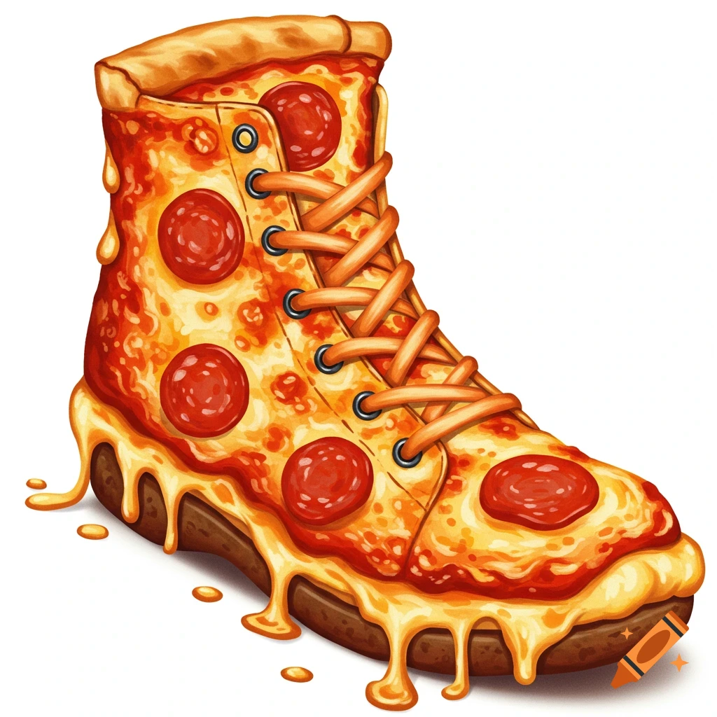 A shoe made entirely of pizza, with melting cheese and pepperoni slices.