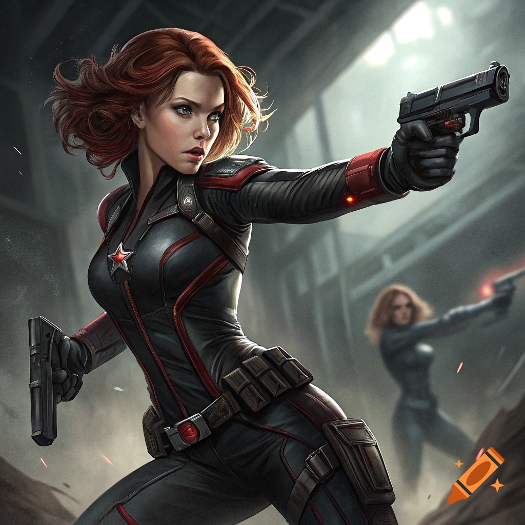 Black Widow in a suit holding two pistols in an action pose.
