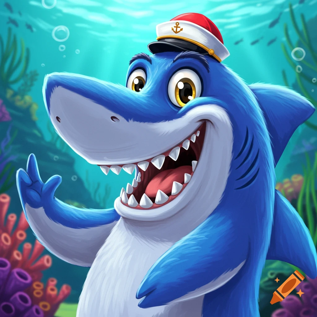 A smiling cartoon shark in a sailor hat waves underwater amidst coral and fish.