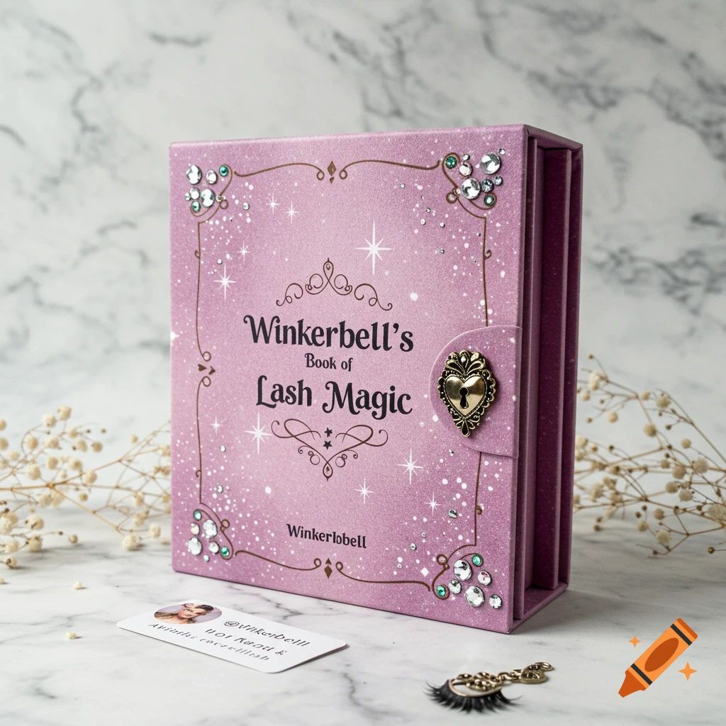 A pink sparkly box styled like a vintage book with "Winkerbell's Book of Lash Magic" on the cover.