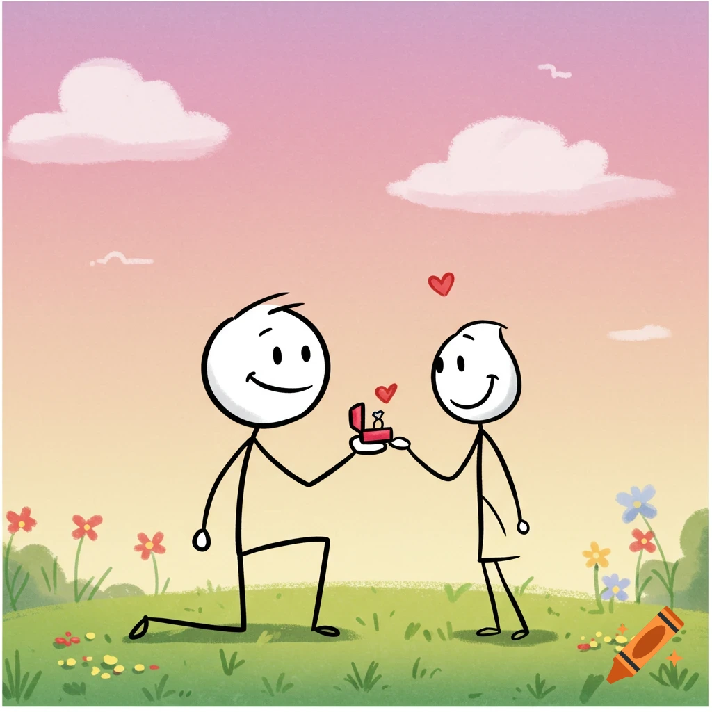 A stick figure proposes to another stick figure in a field with flowers and a pink sky.
