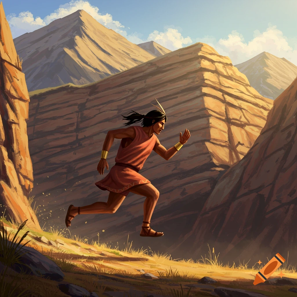 An Inca person running through rocky mountains under a blue sky.