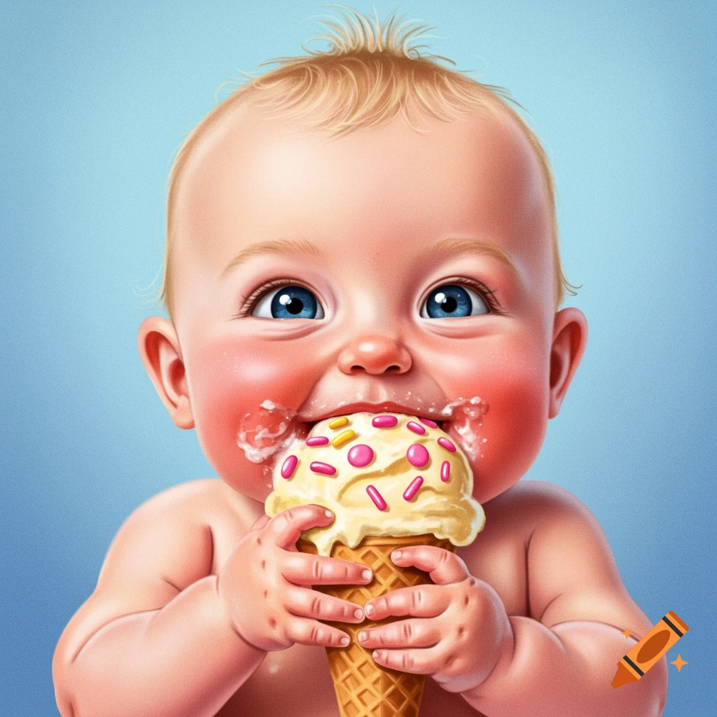 Smiling baby with messy face eating an ice cream cone.