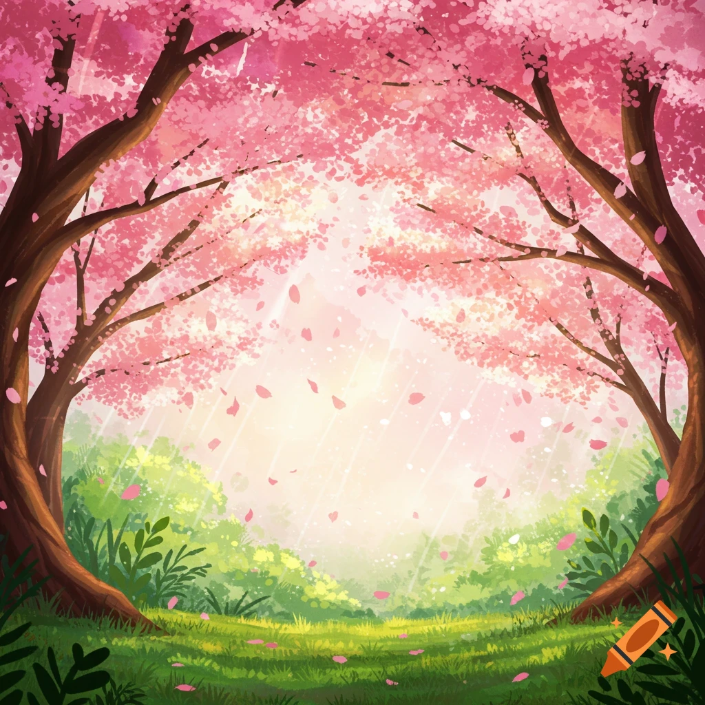 Pink cherry blossom trees framing a path with falling petals.