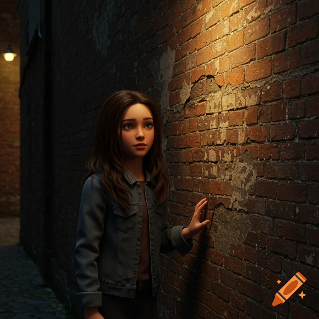 A girl stands in an alley, gazing at an old brick wall.