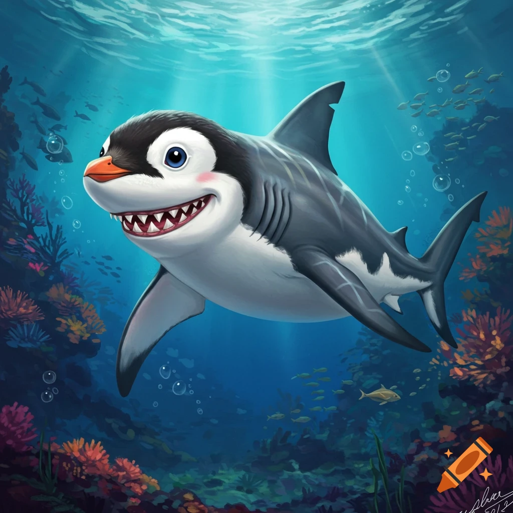 Cute shark-penguin creature swims over a coral reef