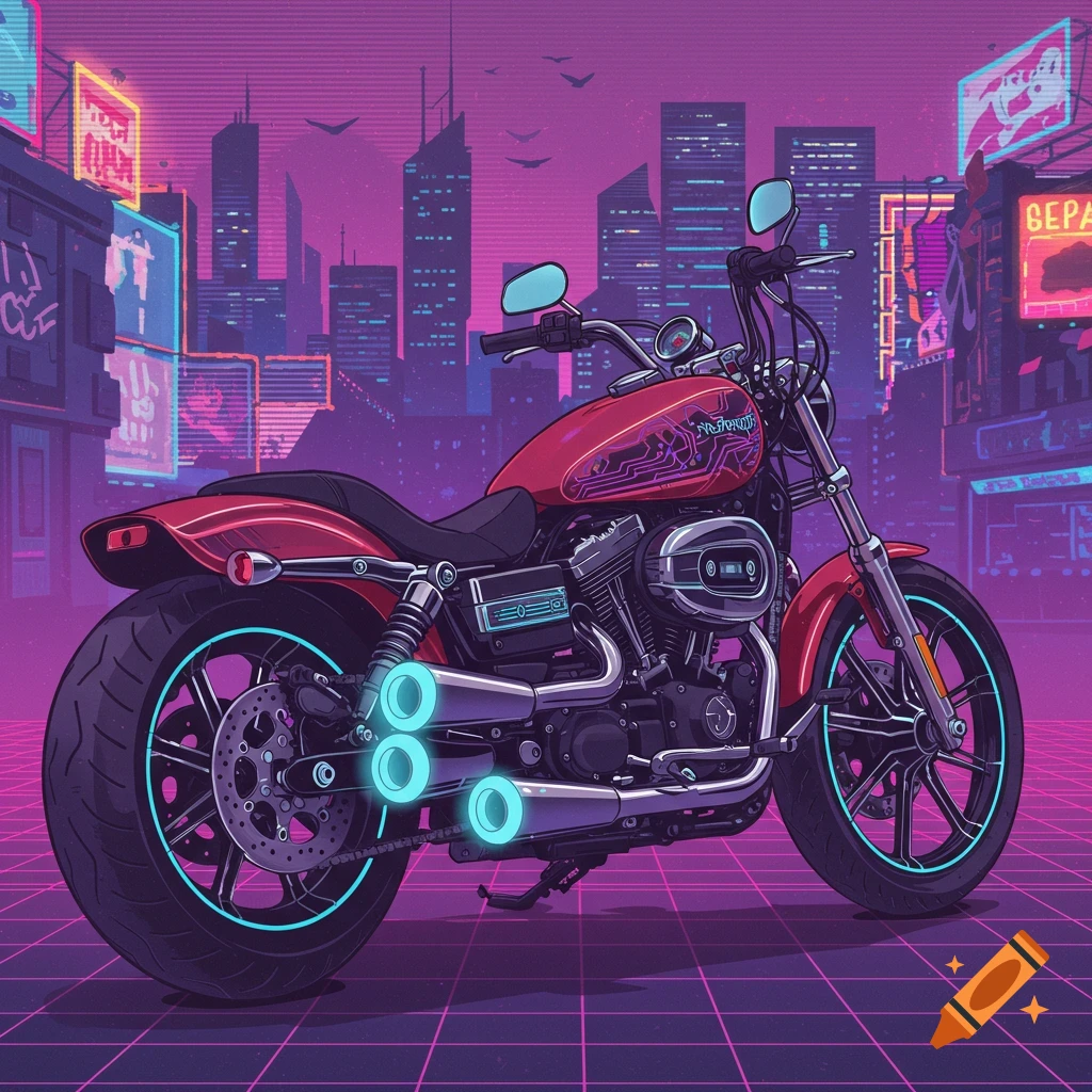 A vector graphic of a red motorcycle in a cyberpunk city.