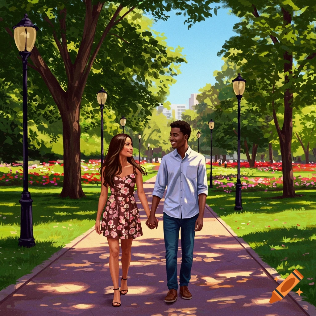 A couple holding hands is walking on a park path lined with trees and flowers.