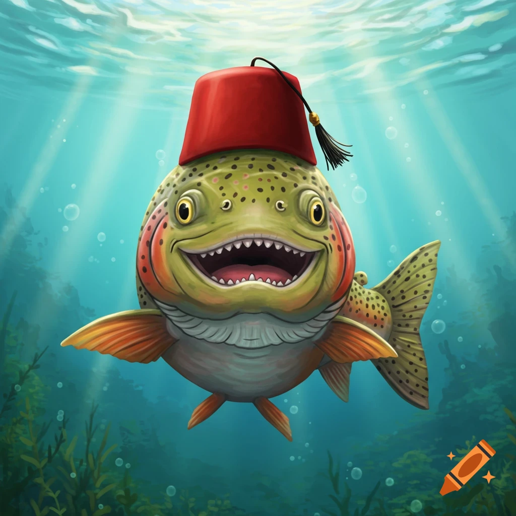 A smiling cartoon trout wearing a red fez underwater.