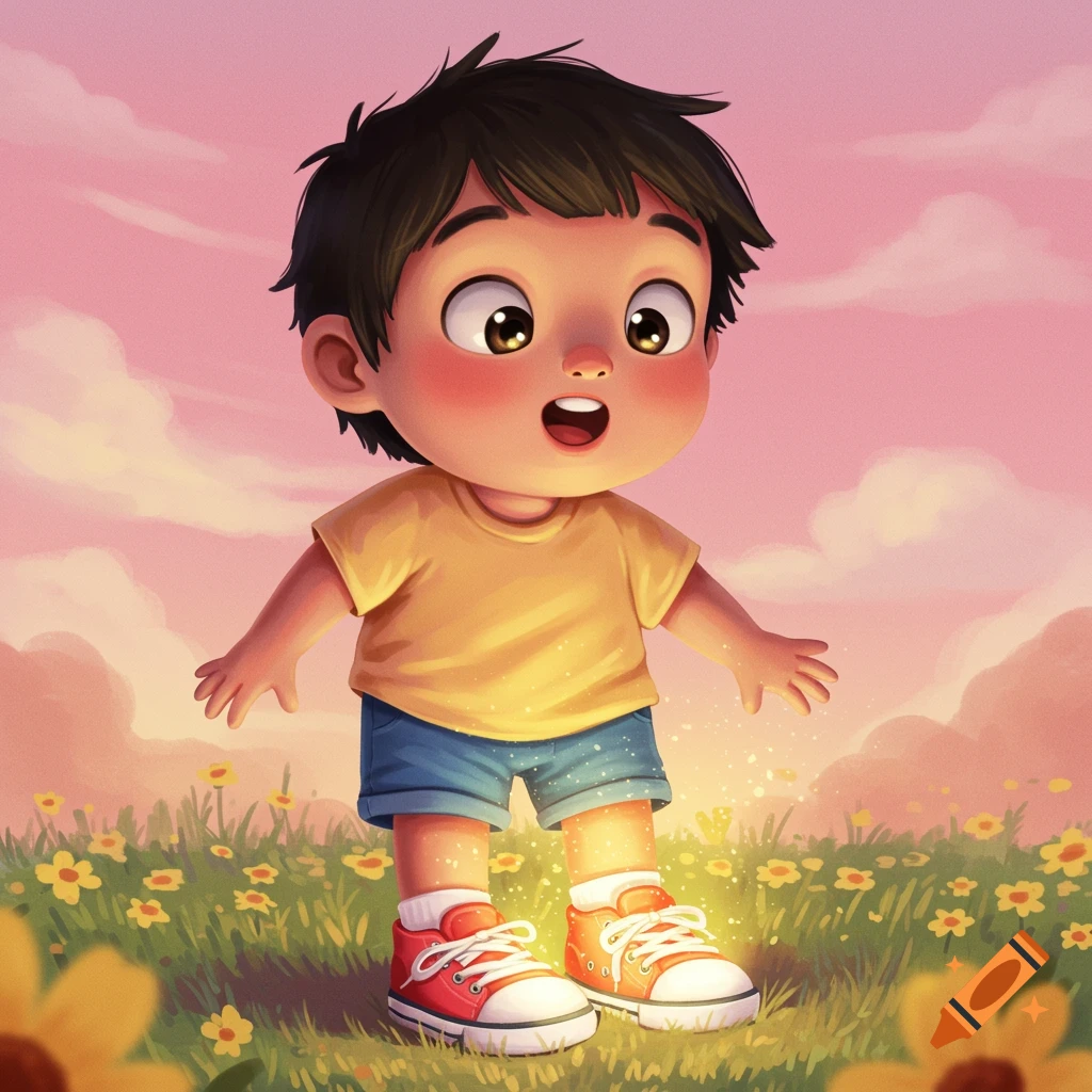 Whimsical depiction of a wide-eyed child standing in a field of flowers with glowing shoes under a pink sky.