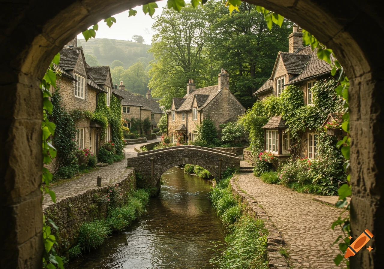 A quaint stone village with a bridge over a stream, seen through an archway covered in leaves.