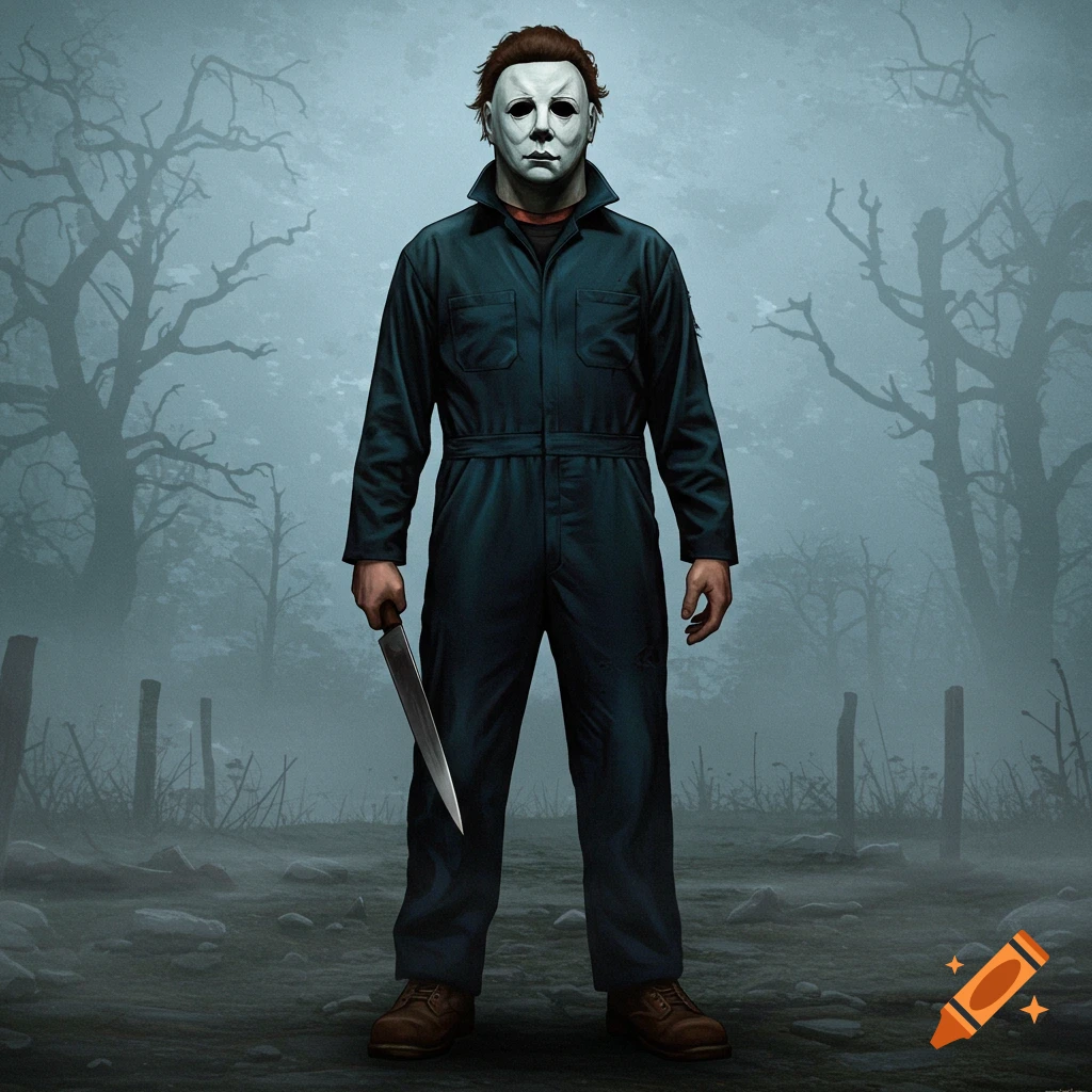 A man in a white mask and dark blue jumpsuit holds a large knife in a foggy, spooky forest.