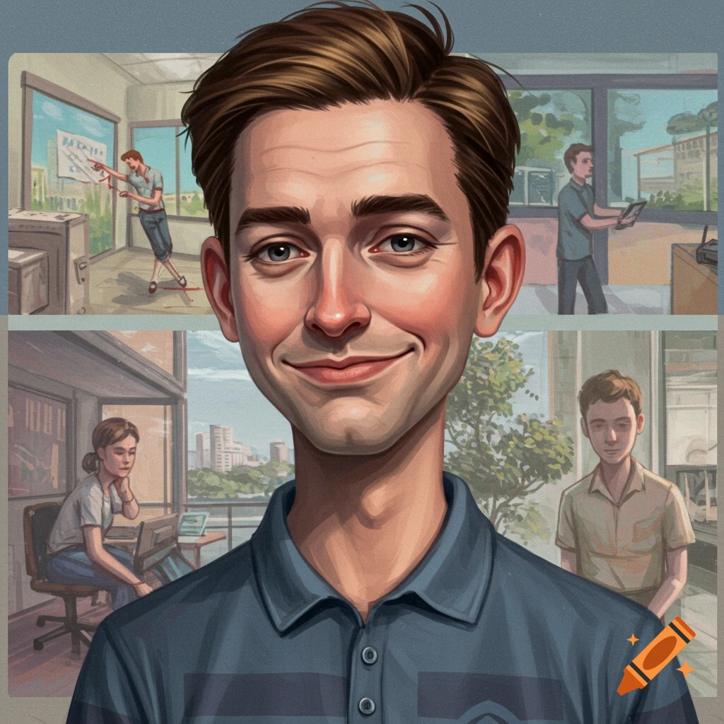 Portrait of a smiling man with office scenes in the background.