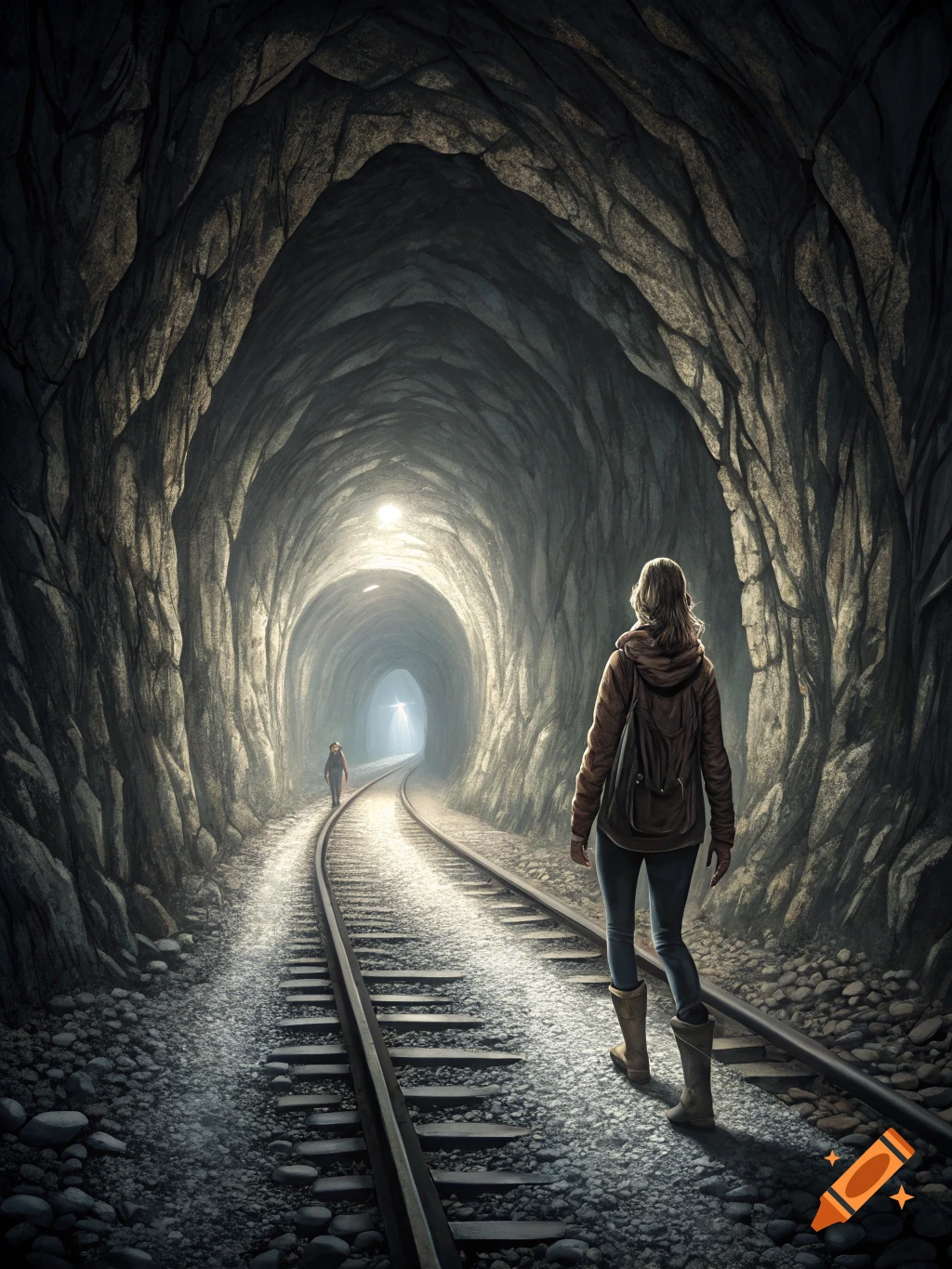 A person walks away down train tracks inside a dark, rocky tunnel towards a distant light, another figure visible far ahead.