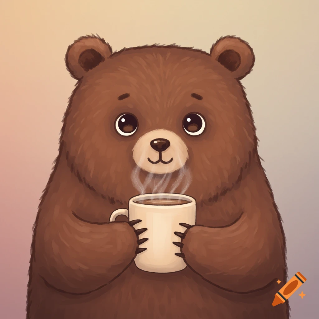 A cute brown cartoon bear holds a white coffee mug with steam rising.